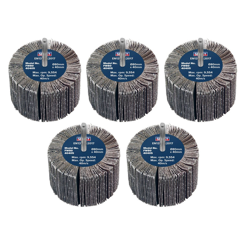 Sealey 80 x 40mm Abrasive Flap Wheel on 6mm Shaft 40Grit - Pack of 5 FW8040405 Sealey - Dynamic Drive