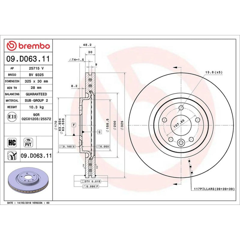 Brembo 2 x Internally Vented Front Brake Discs 09.D063.11-x2