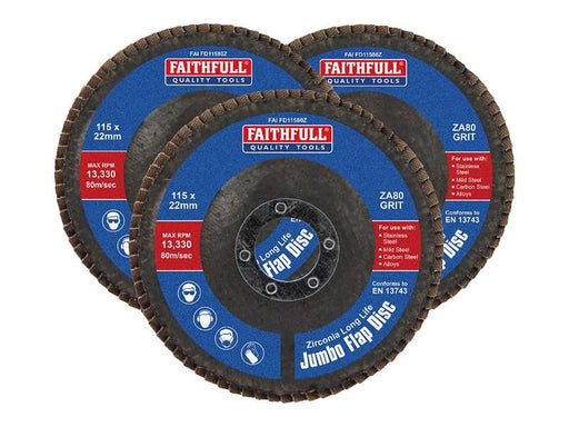 Faithfull Zirconia Abrasive Jumbo Flap Disc 115 x 22mm 80 Grit (3 Pack) Faithfull - NN4 Online