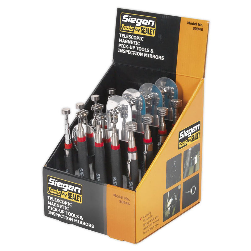 Sealey Telescopic Magnetic Pick-Up Tools & Inspection Mirrors Display Box of 20 Siegen by Sealey - Dynamic Drive