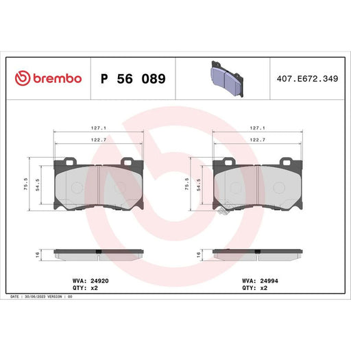 Brembo 4 x Front Brake Pad Set fits Infiniti Fx 2008 on