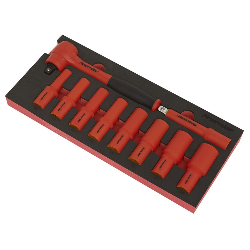 Premier Insulated Socket Set with Tool Tray 1/2"Sq Drive 10pc - VDE Approved Sealey Premier - Dynamic Drive