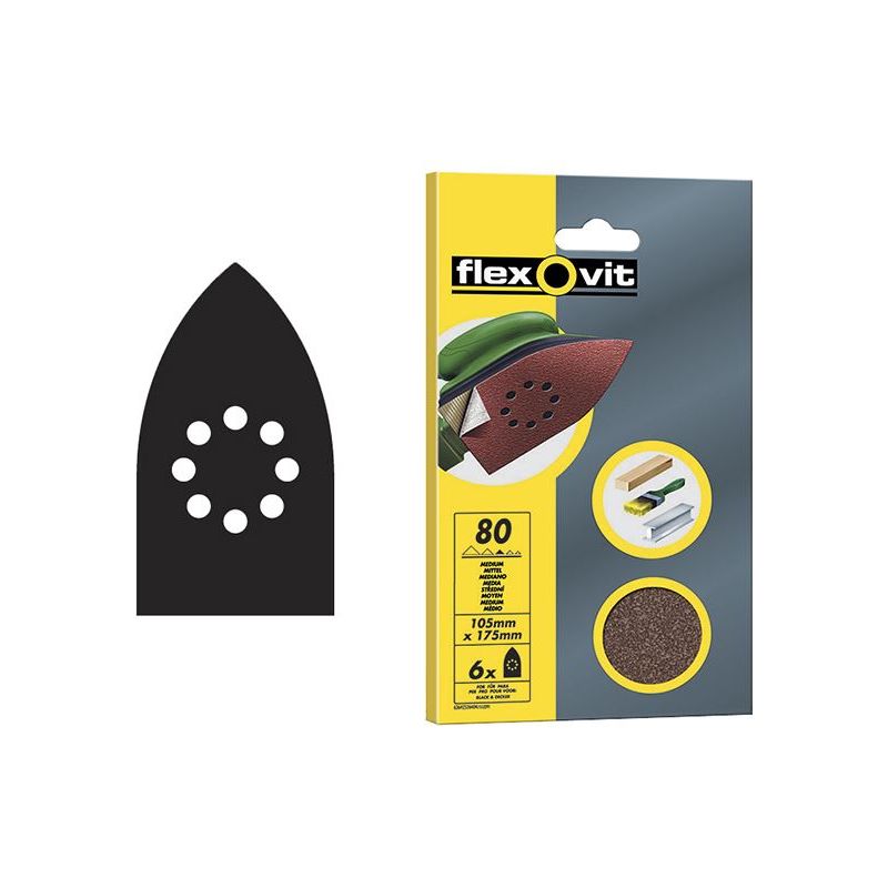 Flexovit Detail Hook & Loop Sanding Sheets 105x175mm Medium 80G (Pack 6) Flexovit - Dynamic Drive