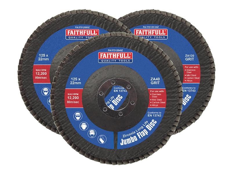 Faithfull Zirconia Abrasive Jumbo Flap Disc 125 x 22mm Mixed Grit (3 Pack) Faithfull - NN4 Online