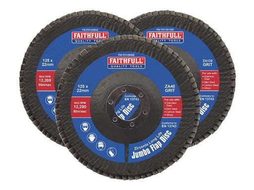 Faithfull Zirconia Abrasive Jumbo Flap Disc 125 x 22mm Mixed Grit (3 Pack) Faithfull - NN4 Online