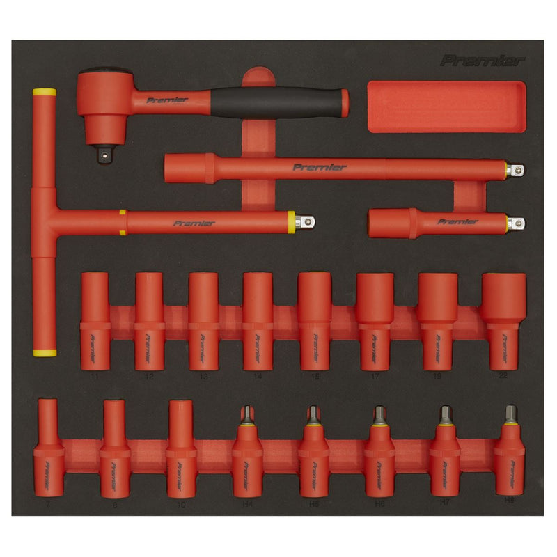 Premier Insulated Socket Set with Tool Tray 3/8"Sq Drive 20pc - VDE Approved Sealey Premier - Dynamic Drive