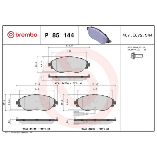 Brembo 4 x Front Brake Pad Set fits Audi A3 2012-2021 1.6