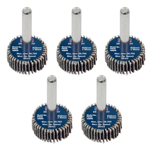 Sealey 25 x 10mm Abrasive Flap Wheel on 6mm Shaft 80Grit - Pack of 5 FW2510805 Sealey - Dynamic Drive