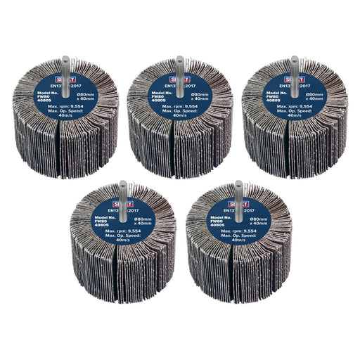 Sealey 80 x 40mm Abrasive Flap Wheel on 6mm Shaft 80Grit - Pack of 5 FW8040805 Sealey - Dynamic Drive