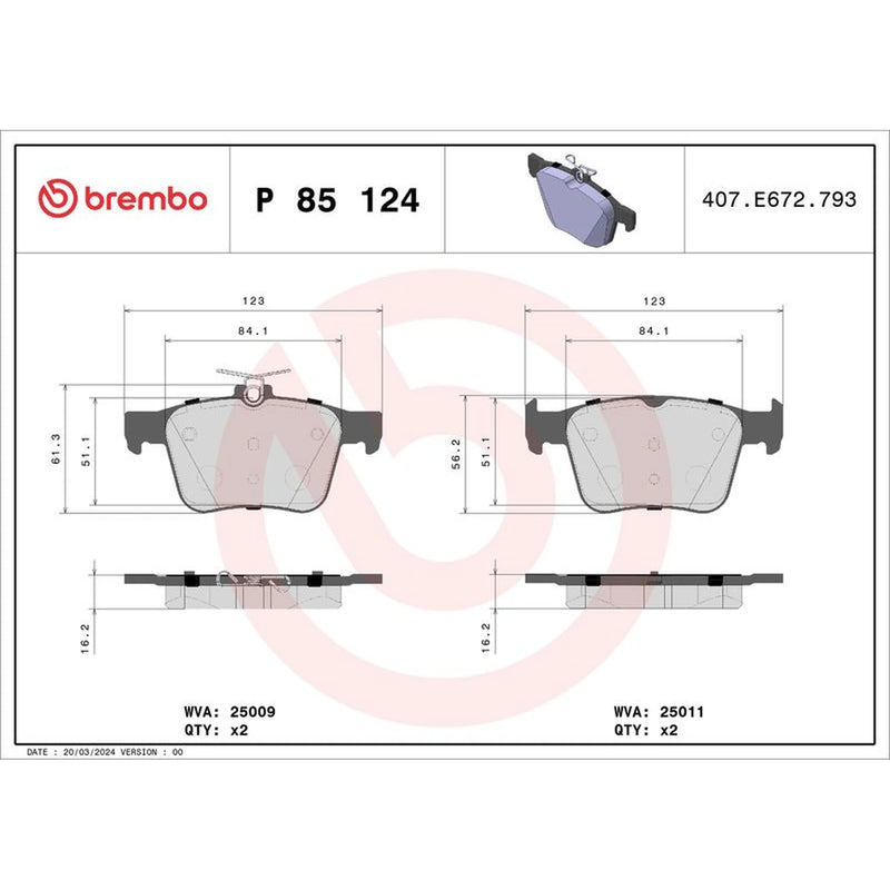 Brembo 4 x Rear Brake Pad Set fits Audi A3 2012-2020 1.0 1.2 1.4 1.5 1.6 1.8