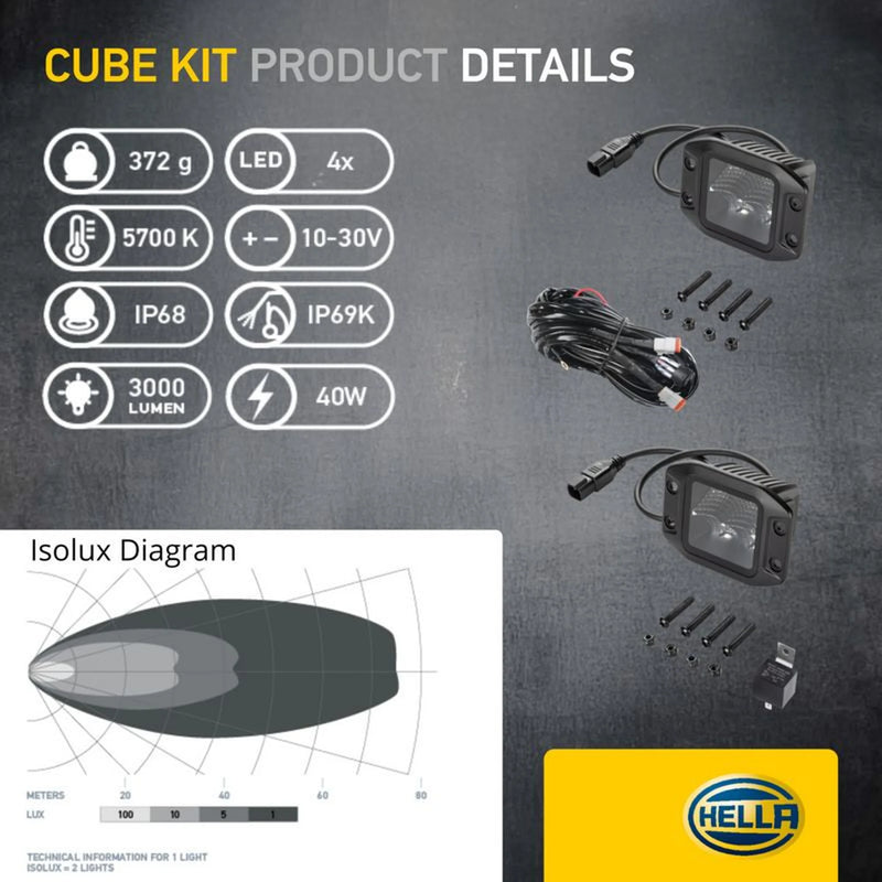 Hella Led Cube Kit 3.2Inch Flood Flush 1FA 1FA 358 176-831 1FA 358 176-831