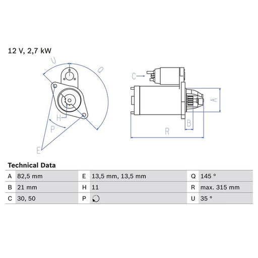 Bosch Starter Motor 12V 2.7kW 11 Teeth