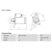 Bosch Starter Motor 12V 1.4kW 9 Teeth 0 986 016 780