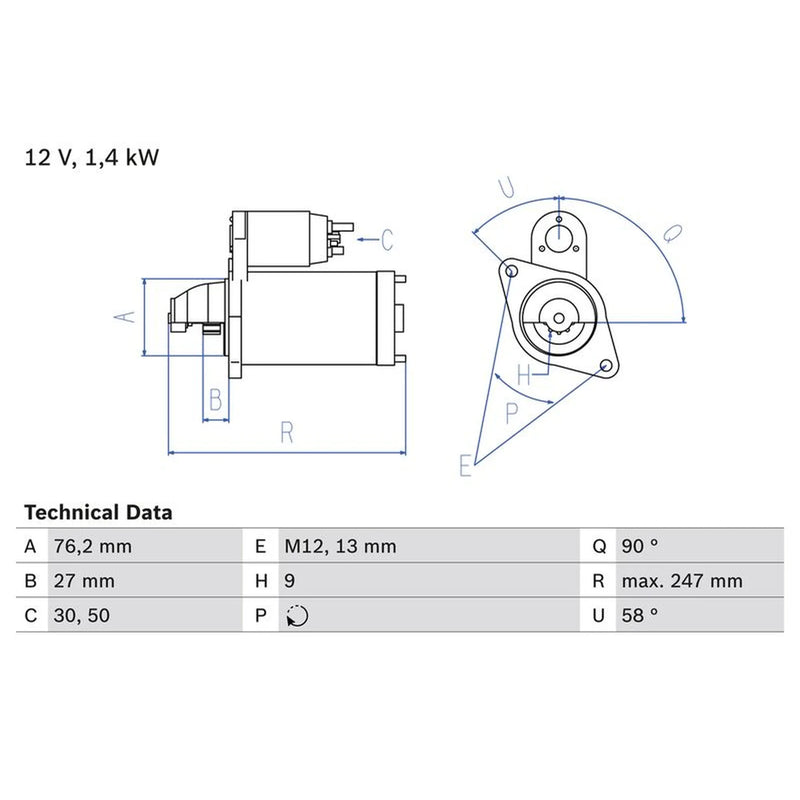Bosch Starter Motor 12V 1.4kW 9 Teeth 0 986 016 780