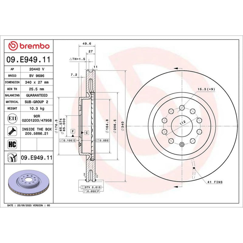 Brembo 2 x Internally Vented Front Brake Discs 09.E949.11-x2