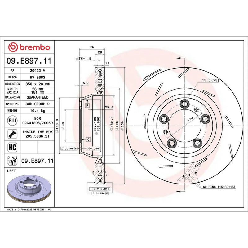 Brembo 2 x Slotted Brake Discs fits Porsche Panamera 2009-2016 4.8