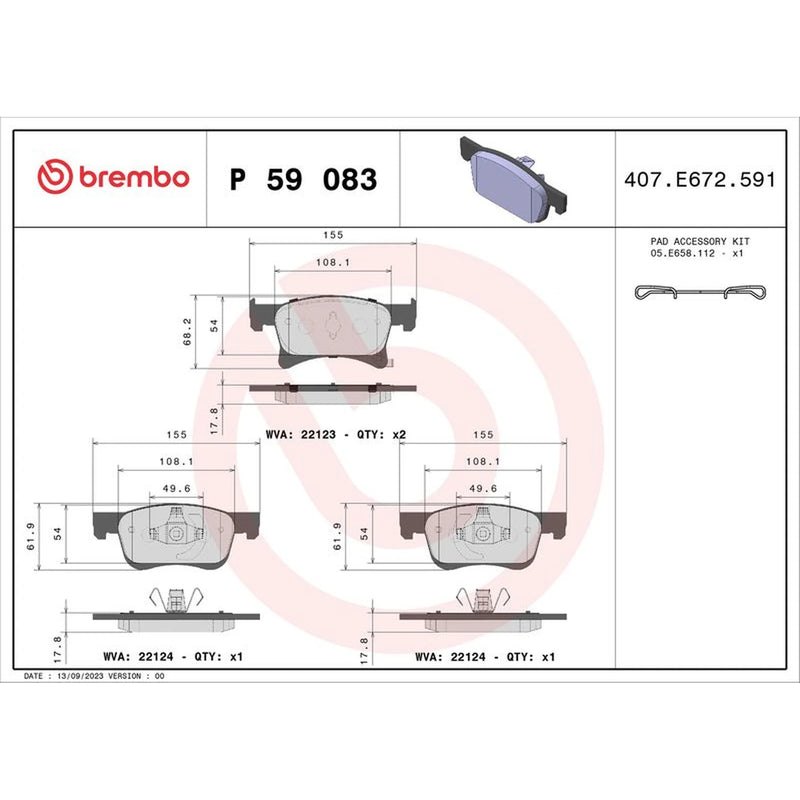 Brembo 4 x Front Brake Pad Set fits Opel Adam 2012-2019 1.0 1.2 1.4