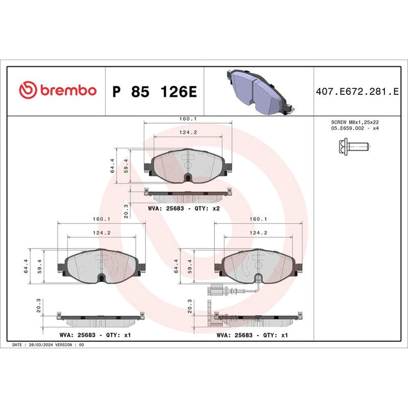 Brembo 4 x Front Brake Pad Set fits Audi A3 2014-2021 1.4