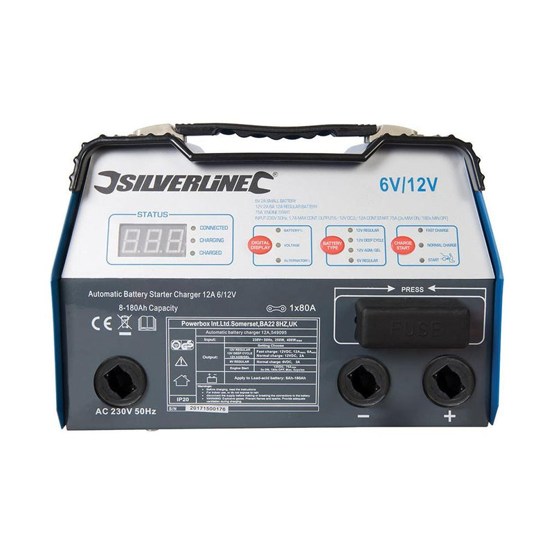 Silverline Automatic Battery Starter Charger 12A 6/12V 8-180Ah Capacity Silverline - Dynamic Drive