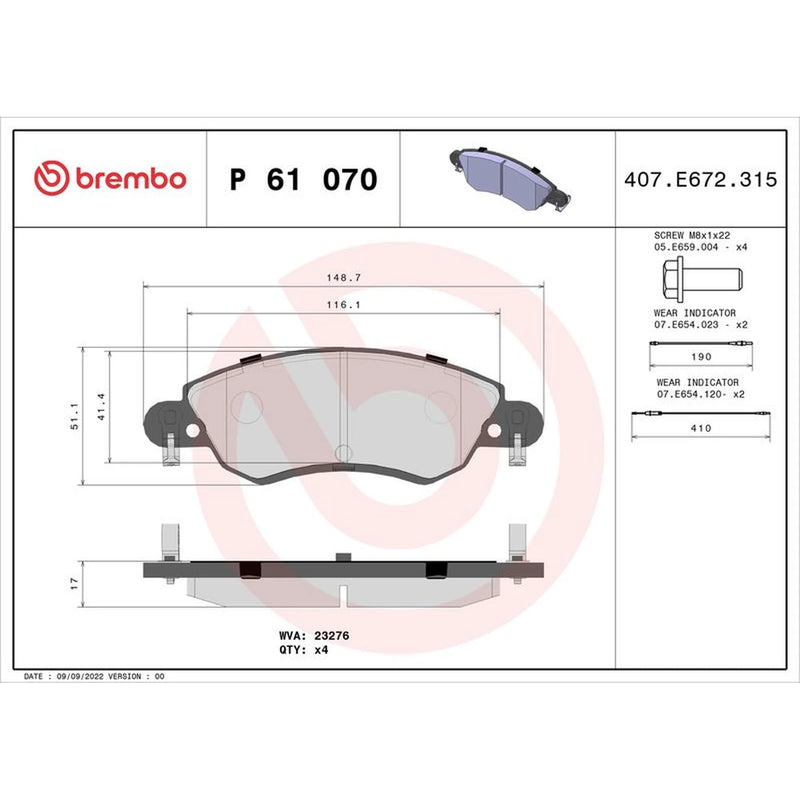 Brembo 4 x Front Brake Pad Set fits Citroën C5 I 2001-2004 1.8