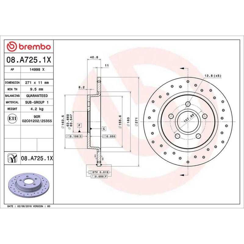 Brembo 2 x Perforated Rear Brake Discs 08.A725.1X-x2