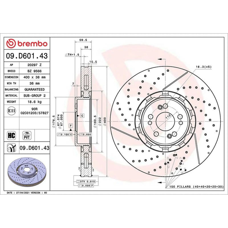 Brembo 2 x Aluminium Brake Disc Hub Brake Discs fits Mercedes-Benz Gle 2019-2023