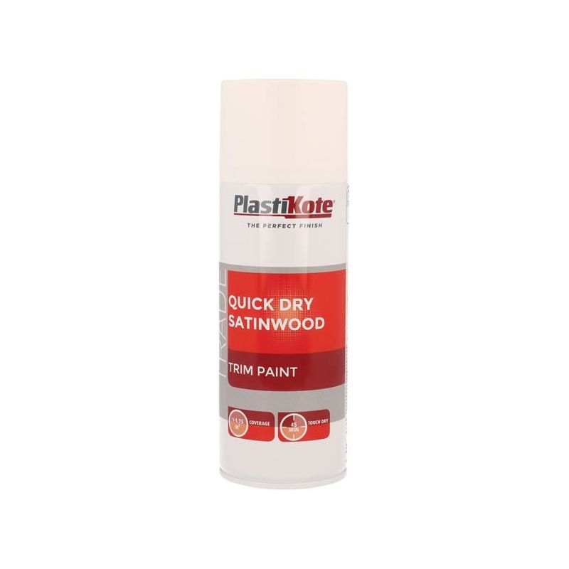 Plastikote Trade Quick Dry Trim Spray Satinwood White 400ml PlastiKote - Dynamic Drive