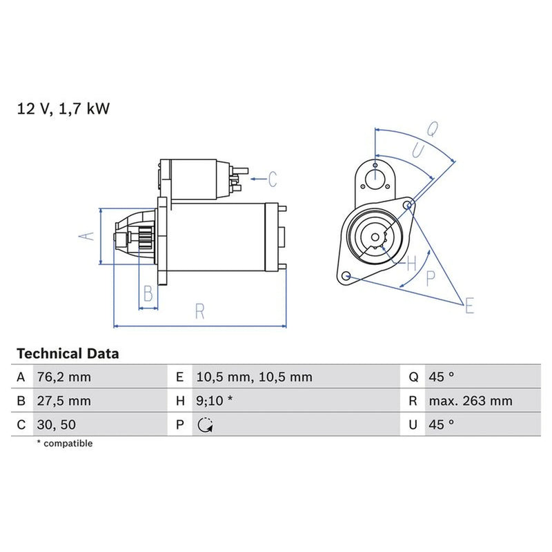 Bosch Starter Motor 12V 1.7kW 9 Teeth