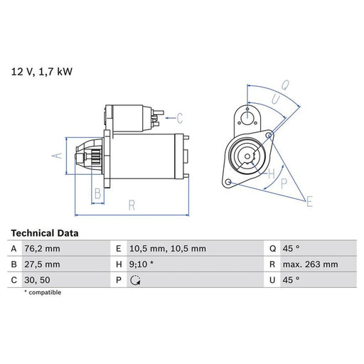 Bosch Starter Motor 12V 1.7kW 9 Teeth 0 986 018 070