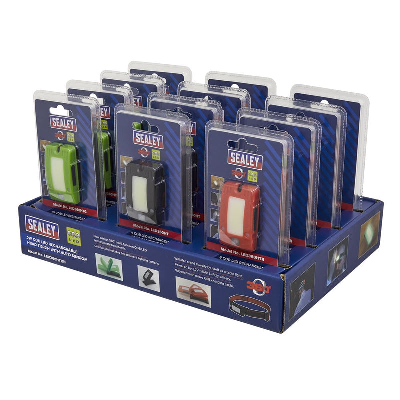 Sealey Rechargeable Head Torch Auto-Sensor Black 2W COB LED Display Box of 12 Sealey - Dynamic Drive