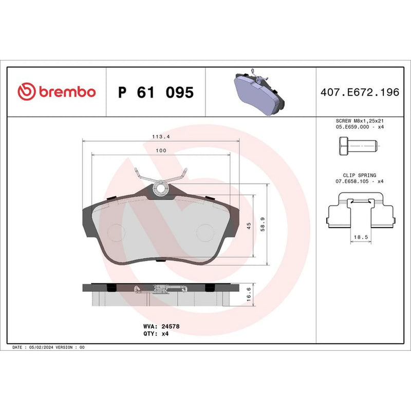 Brembo 4 x Rear Brake Pad Set fits Citroën Dispatch II 2007-2016 1.6 2.0