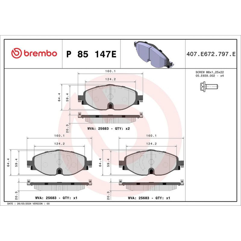 Brembo 4 x Front Brake Pad Set fits Audi Q3 2021 on