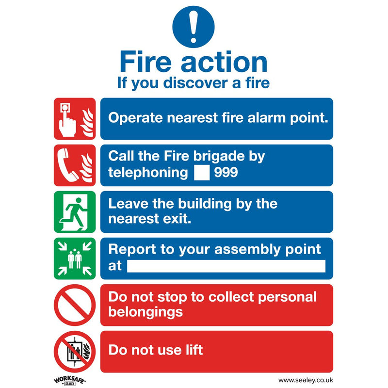 Sealey Safe Conditions Safety Sign Fire Action With Lift Self-Adhesive Vinyl Pac Sealey - Dynamic Drive
