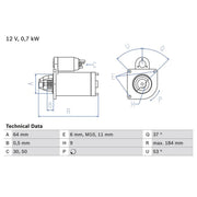Bosch Starter Motor 12V 0.7kW 9 Teeth 0 986 017 840