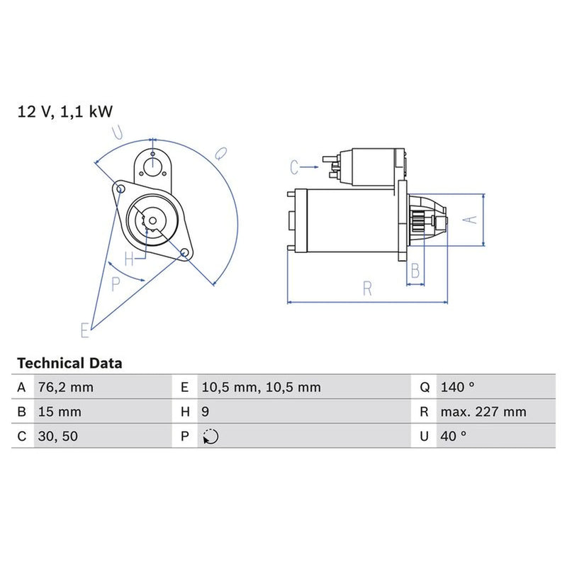 Bosch Starter Motor 12V 1.1kW 9 Teeth