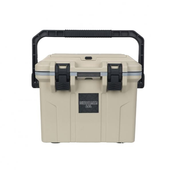 myCOOLMAN 16L Icebox hard cooler, front view with lid closed and bail handle up