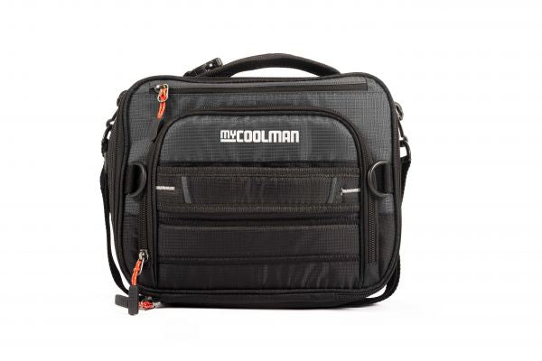 myCOOLMAN Expandable Lunch Box, black insulated bag with front zip pocket and shoulder strap
