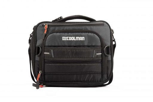 myCOOLMAN Expandable Lunch Box, black insulated bag with front zip pocket and shoulder strap
