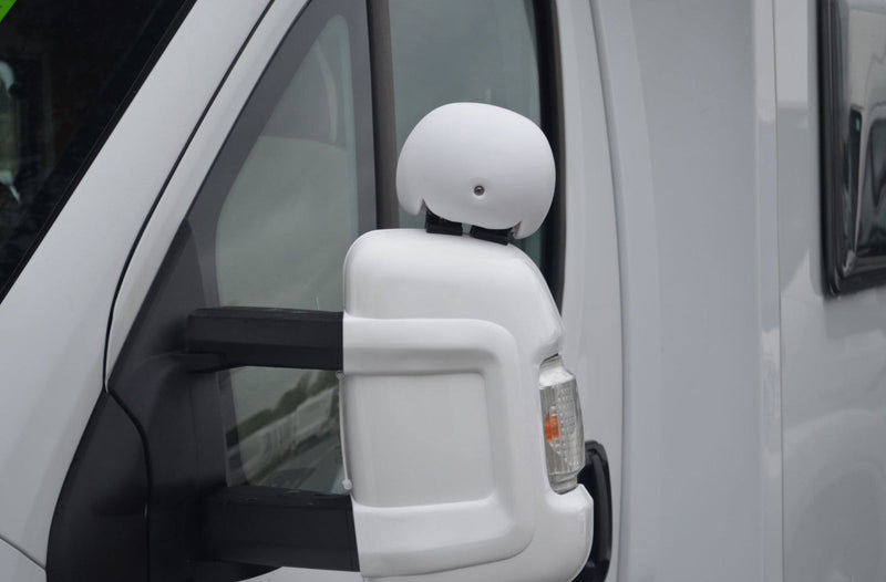 White Milenco Aero blind spot mirror fitted to the top of a van's wing mirror