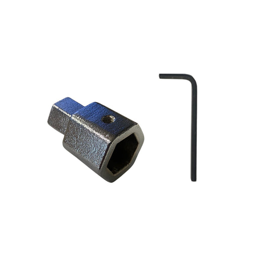 Milenco leg nut receiver spare part with hex socket and grub-screw hole, Allen key alongside