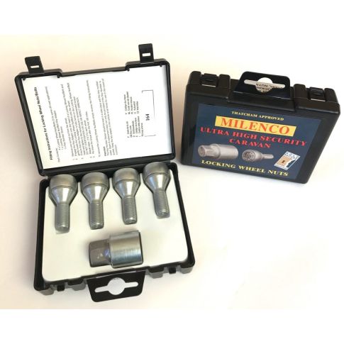 Milenco locking wheel bolts, set of 4, in open carry case with key, Thatcham approved
