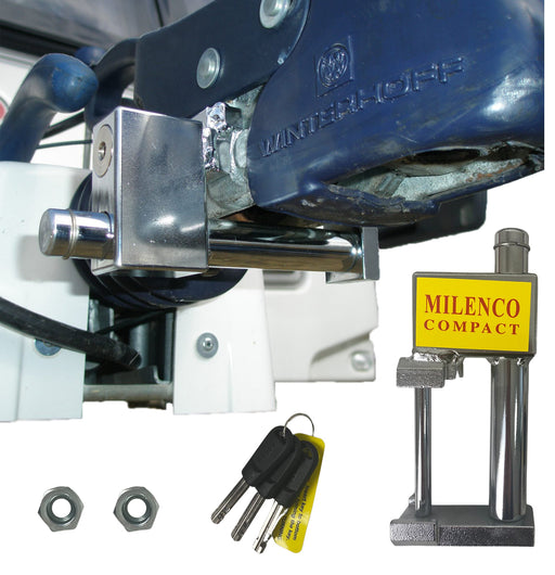 Milenco Compact Winterhoff hitchlock fitted to a hitch, shown alongside the lock, nuts and keys