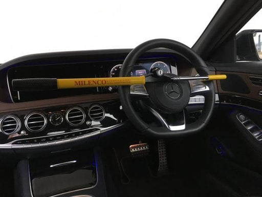 Milenco Classic steering wheel lock fitted to a Mercedes steering wheel and dashboard