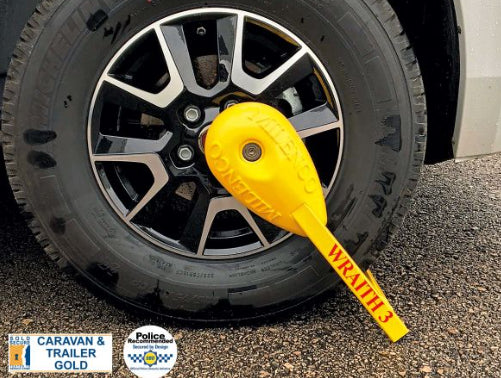 Milenco Wraith 3 motorhome clamp fitted to a wheel, Sold Secure Gold rated