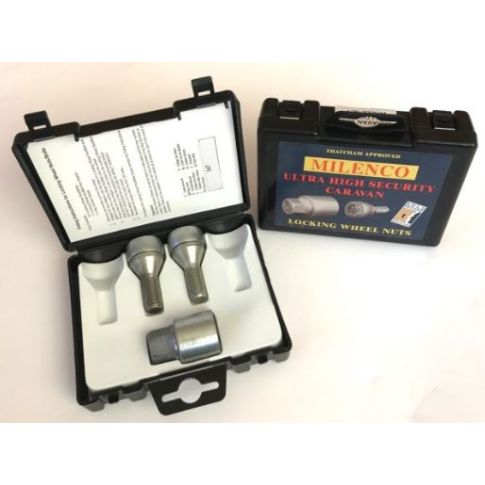 Milenco locking wheel bolts, set of 2, in open carry case with key