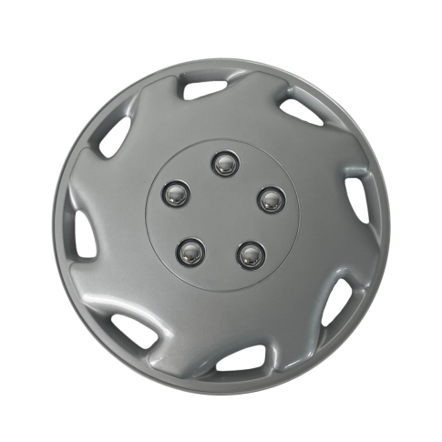 Milenco silver 14 inch wheel trim, angled 3/4 view