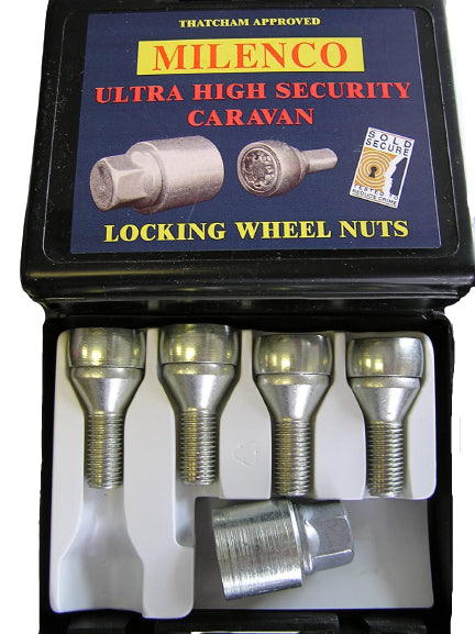Milenco Bailey locking wheel bolts, set of 4, open carry case showing bolts and key