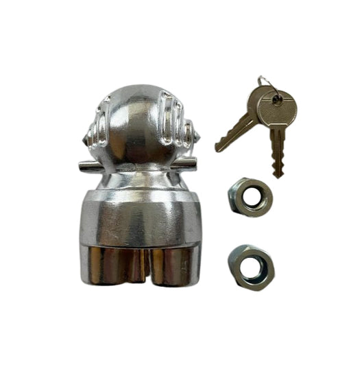 Milenco ball-type hitchlock shown with its two keys, angled view