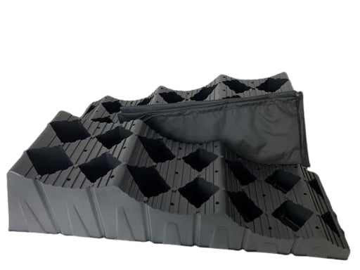 Milenco MGI Maxi T3 levelling ramp with its black carry bag draped over it