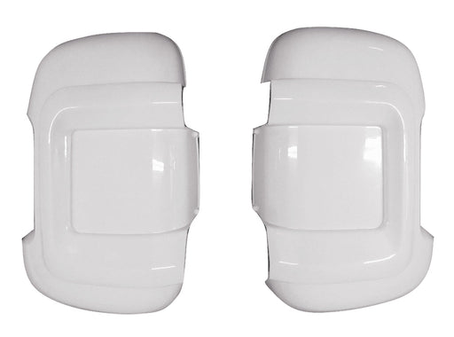 Pair of white Milenco mirror protectors shown from the front, studio shot
